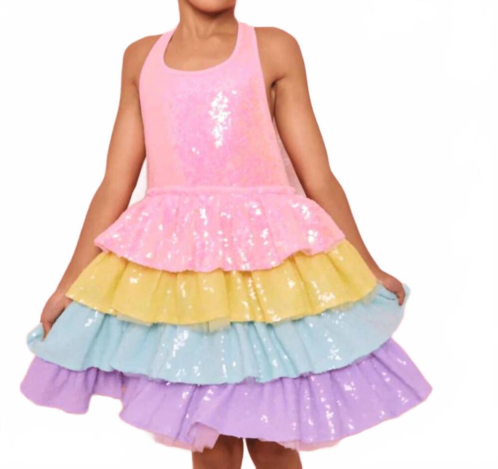NEW LOLA + THE BOYS rainbow sequin tiered dream dress in multi